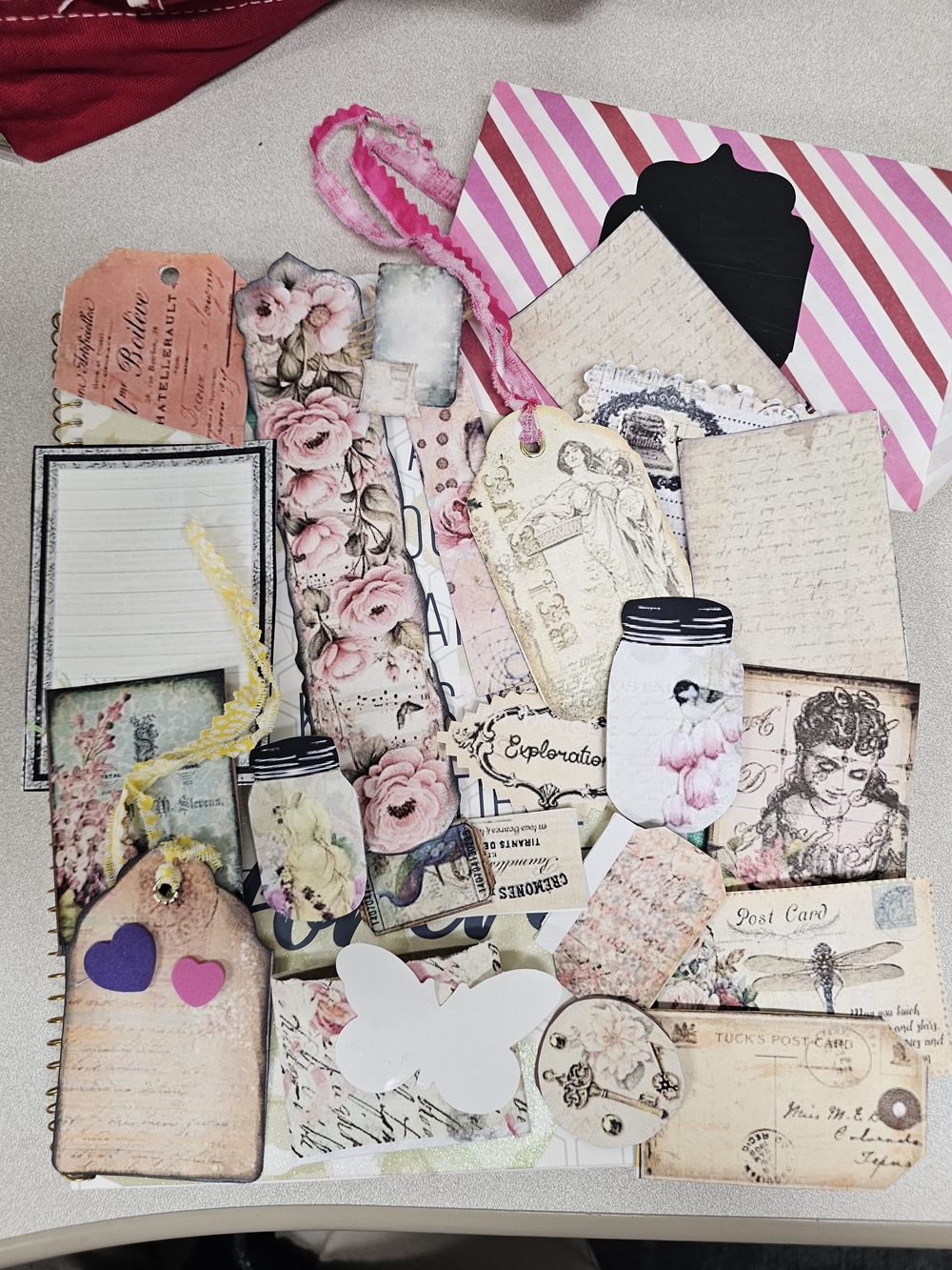 Vintage Handmade Floral Pink Ephemera Pack - Mixed Paper Tags & Cards Bundle 3